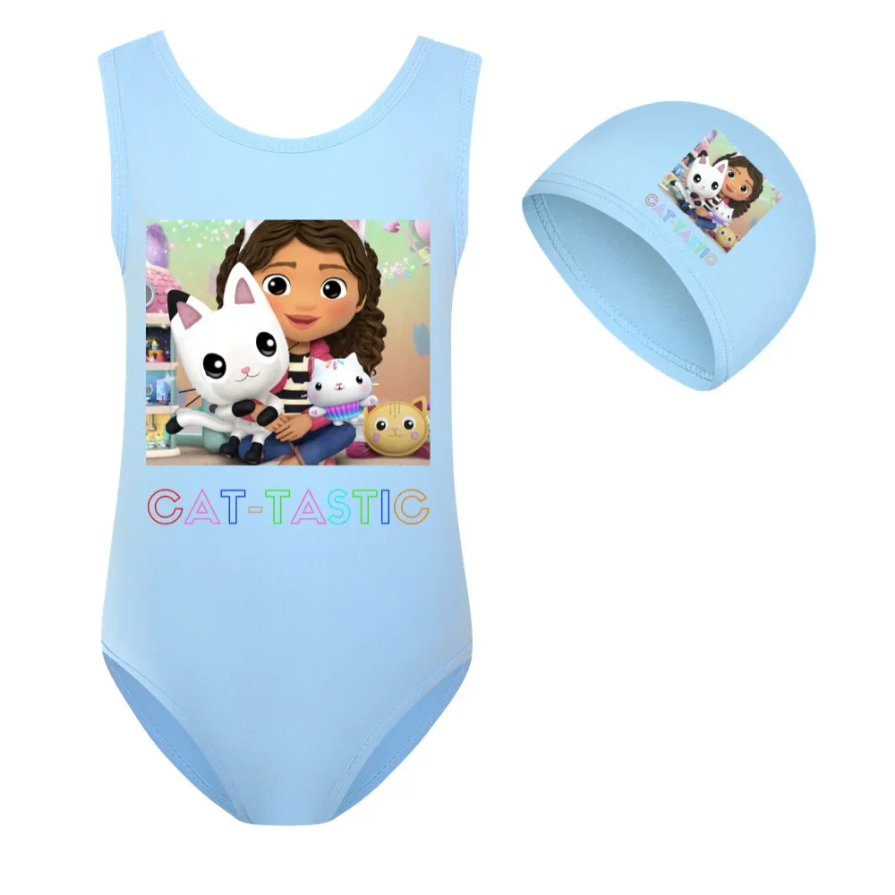 Children Gabbys Dollhouse Swimwear Girls Swimsuit Kids One Piece Bearwear+cap Lovely Gabby Cats Clothes Baby Girl Bathing Suits