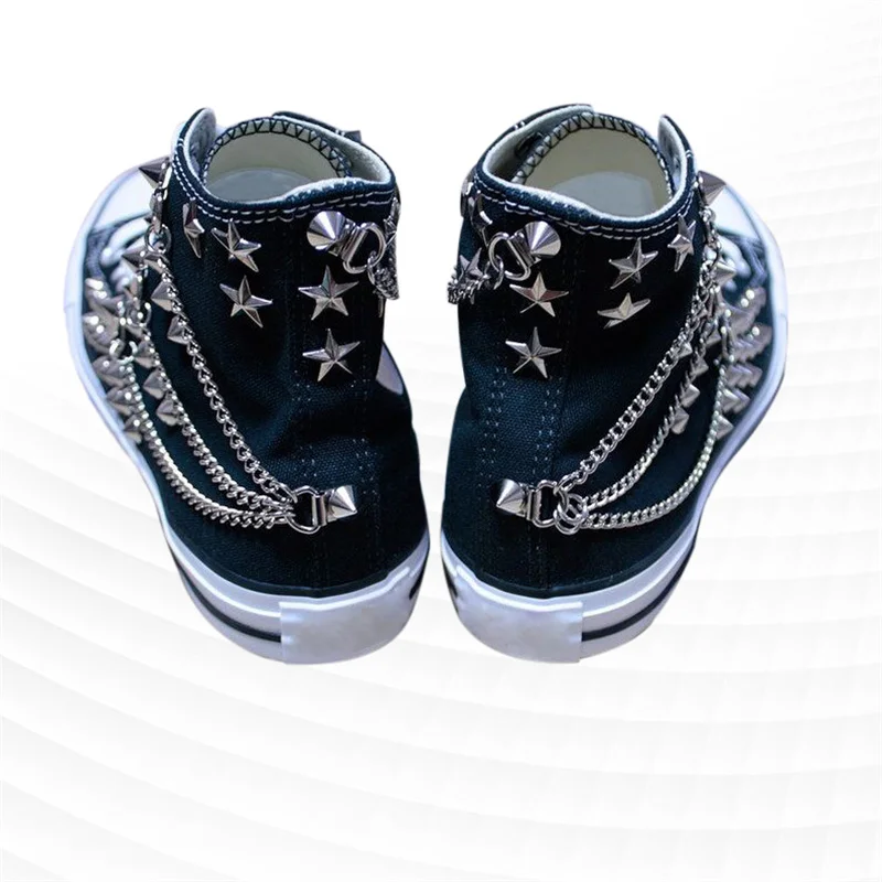 High-top belt chain sports rivet canvas shoes sequin comfortable walking shoes handmade rivets neutral vulcanized shoes 35-46