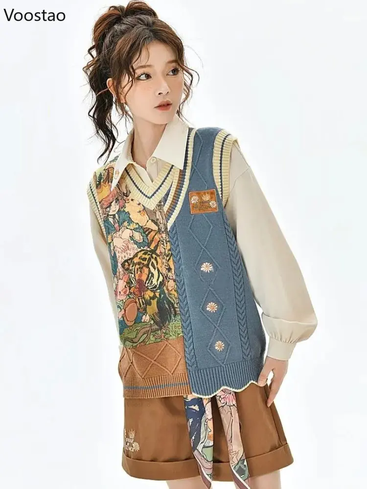 Vintage Sweet Sweater Vest Spring Autumn Women Casual Cartoon Jacquard Knitted Jumpers Tops Female V-Neck Waistcoat Knitwear