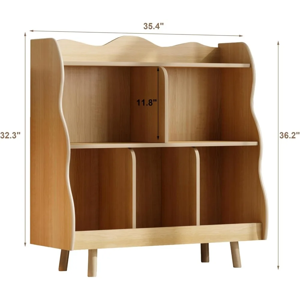 رف كتب للأطفال ومنظم تخزين الألعاب، خزانة كتب خشبية للأطفال مكونة من 3 طبقات بتصميم منحني، 5 خزانة تخزين ألعاب