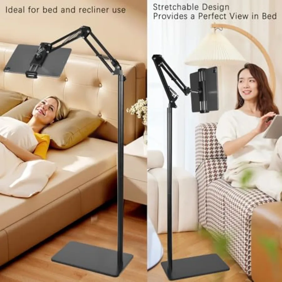 Supporto da pavimento per tablet con doppia base stabile per carichi pesanti da 6,6 libbre, non ribalta mai su altezza regolabile, letto girevole, tablet, telefono S