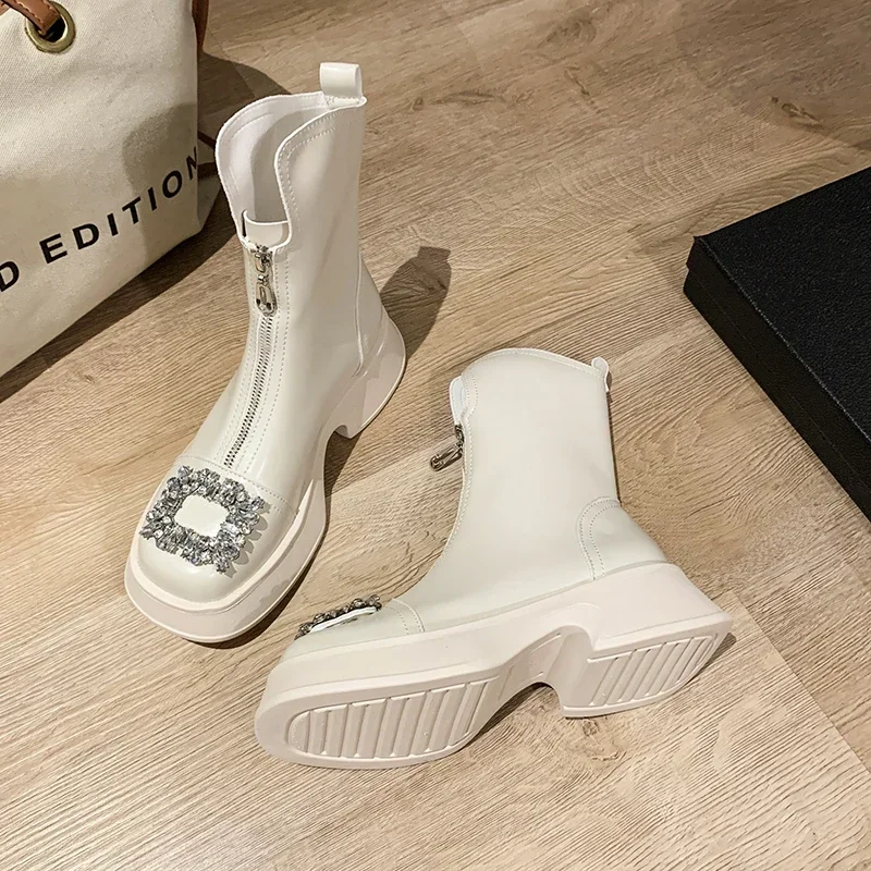 Chunky Crystal Zipper Chelsea Boots Women Shoes 2023 New Winter Designer Fashion Ankle Boots Snow Punk Goth Gladiator Lady Shoes