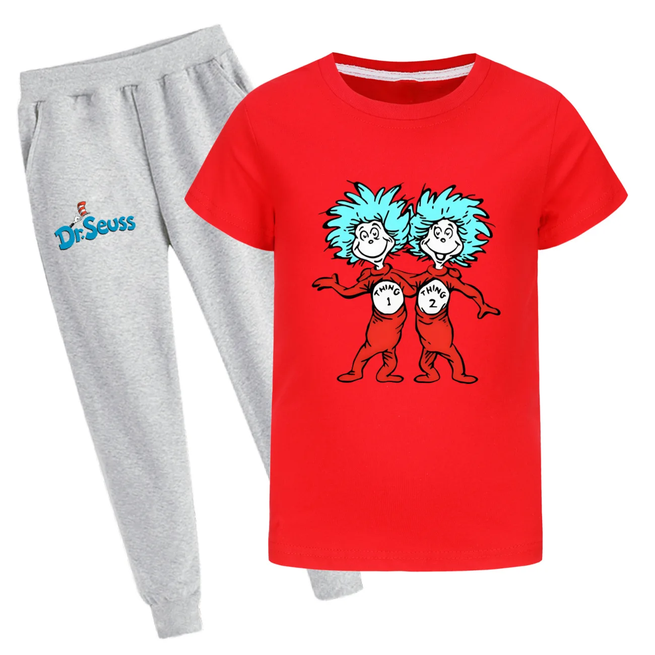 

Детские толстовки Dr Seuss Anime Cosplay Kid Thing 1 Thing 2 для мальчиков и девочек, красная футболка, костюм с короткими рукавами и длинными брюками, комплект