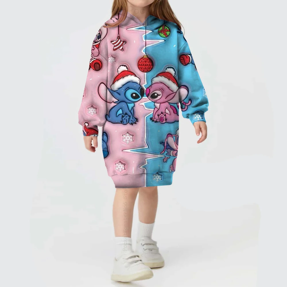 Vestido con capucha cómodo y dulce de Disney Stitch para niñas, estampado navideño, vestido de princesa de otoño e invierno, Top con capucha, ropa de moda