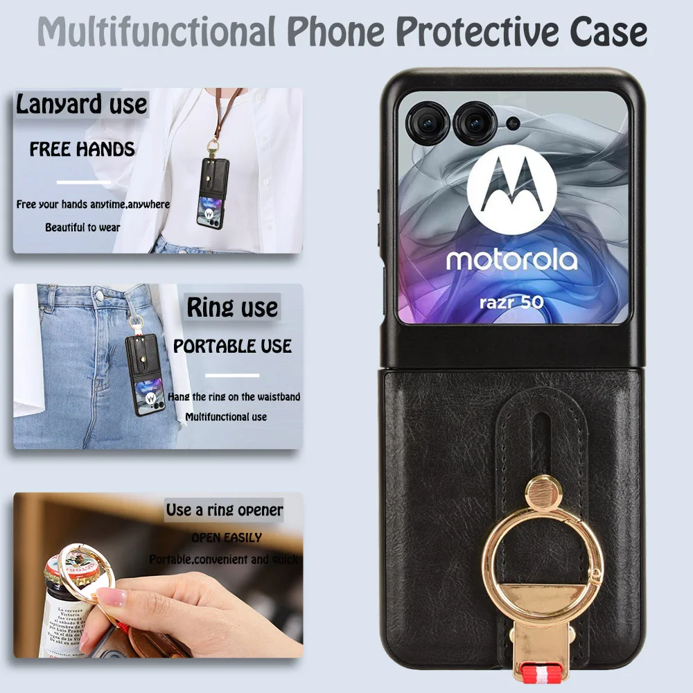 

Luxury Wristband Leather Stand Case for Motorola Razr 60 50 40 Ultra Cover With Ring Opener