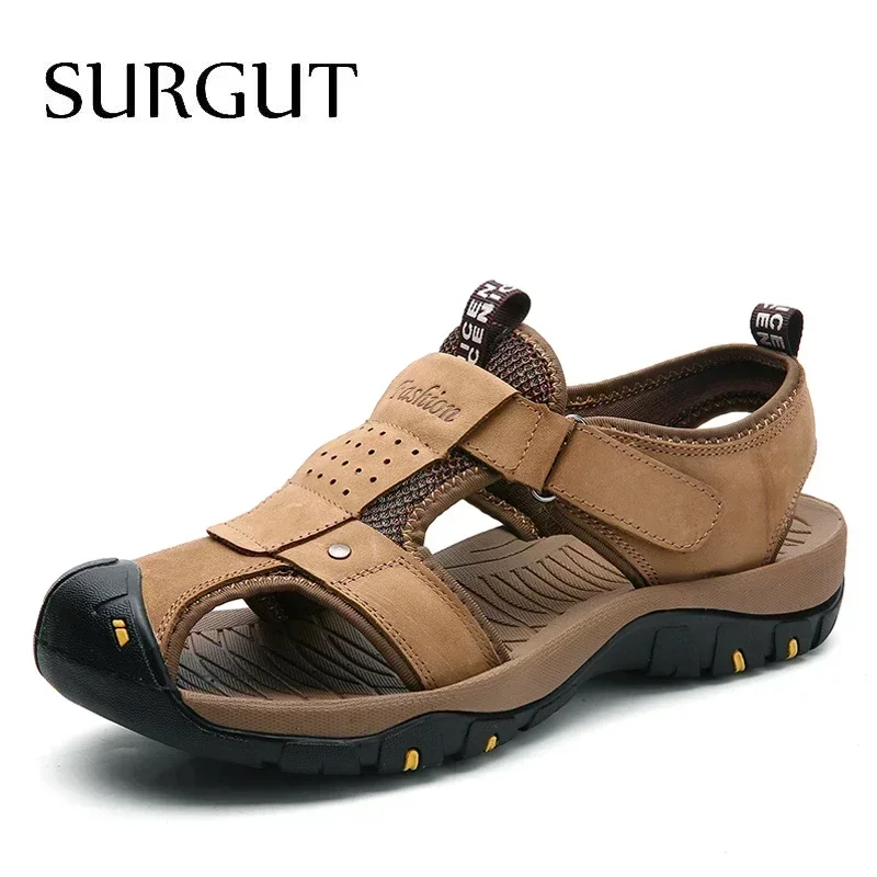 SURGUT Summer New Sandals Men Leather Classic Roman Sandals 2025 Slipper Outdoor Sneaker Beach Men Water Trekking Casual Sandals