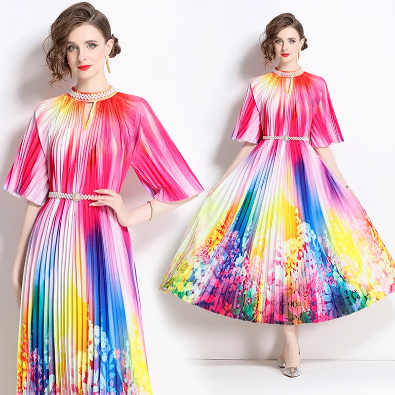 2024 High-end Beaded Positioning Printed Pleated Pearl Button Pleated Skirt Floral print dress