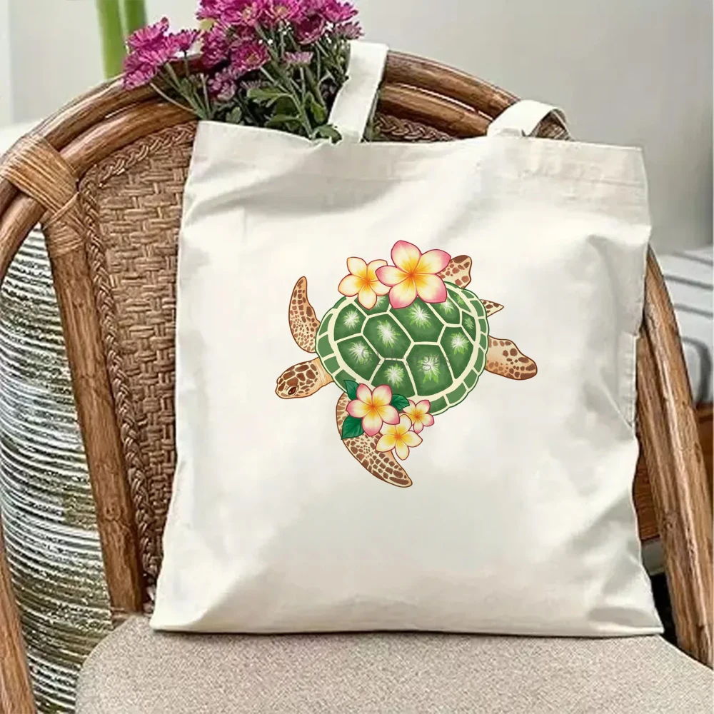 

Hawaiian Sea Turtle Canvas Tote Bag Tropical Plumeria Flower Beach Vacation Aesthetic Travel Handbag Reusable Shoulder