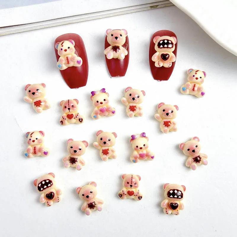 30PCS Resin Cartoon  Heart Teddy Bear Nail Art Charms 3D Cute Powder Blusher Bear Nail Decoration Accessories for DIY Manicure