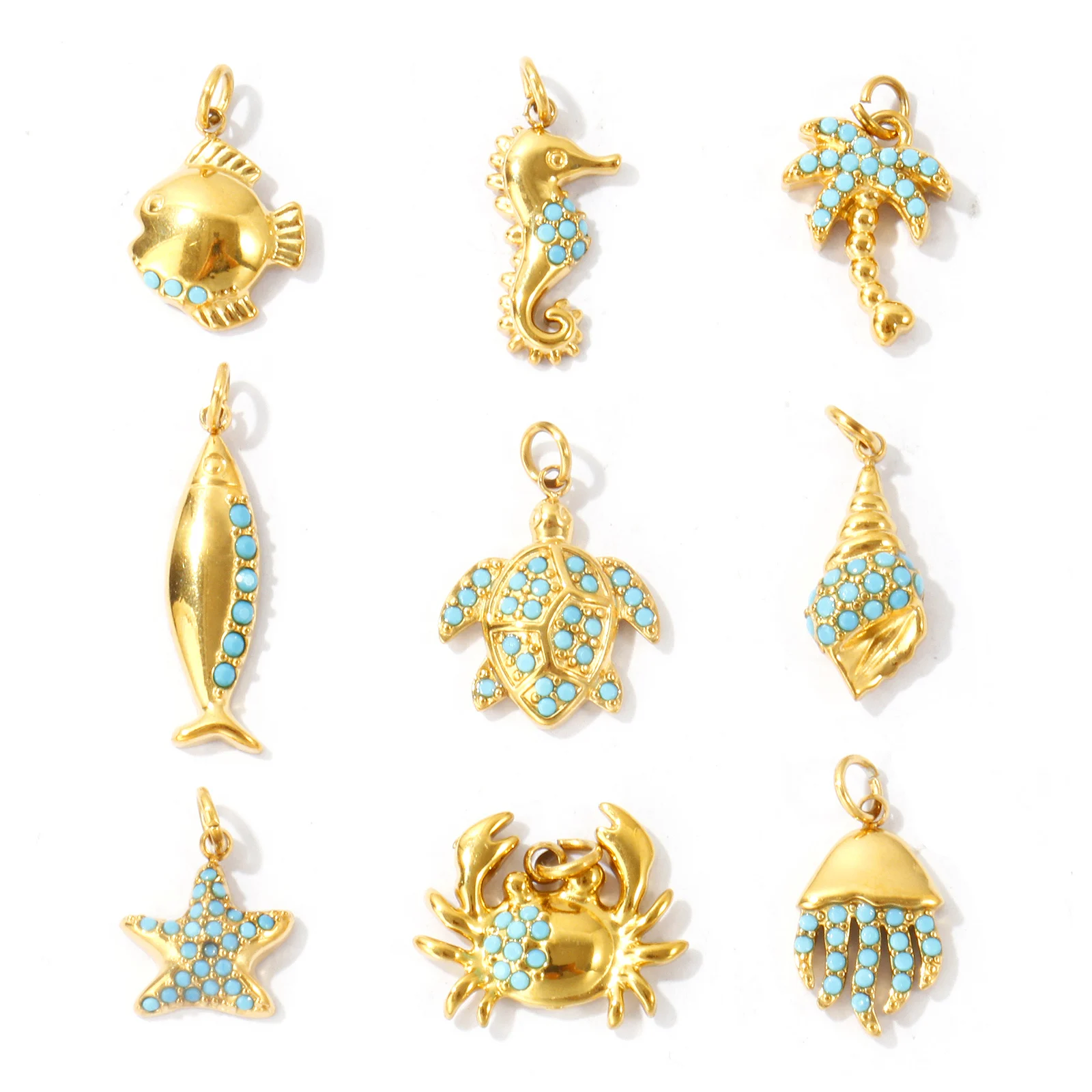 2pcs Mini Ocean Fish Turtle Crab Animal Charms Blue Rhinestone 18K Gold Plated Stainless Steel Pendants For Women DIY Jewelry