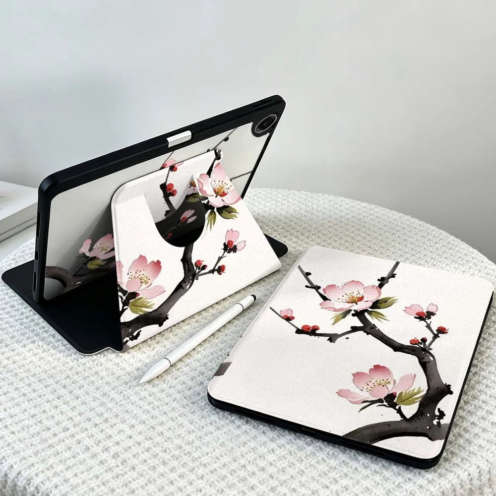 Art Branches Flowers Soft For Samsung Galaxy Tab S11 S10 S9 S8 A11 FE Plus Ultra 360° Rotation Stylus Storage Tablet Case