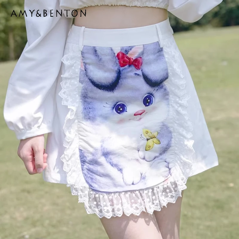 

Vintage Design Women's Clothing 2026 Summer Sweet Cool Bow Cute Animal Print Lace Splicing Y2k Versatile Short Skirts Ladies
