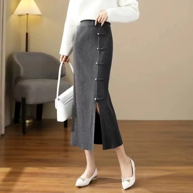 Style chinois tricoté jupes longues pull mince a-ligne hanche taille haute côté fente boutons décontracté bureau dame Streetwear jupes
