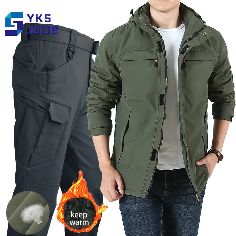 

Mens Warm Hiking Fleece Sets Winter Tactical Multi-pocket Wear-resisting Thermal Jackets+Pants Camping Treking Climbing Set Male