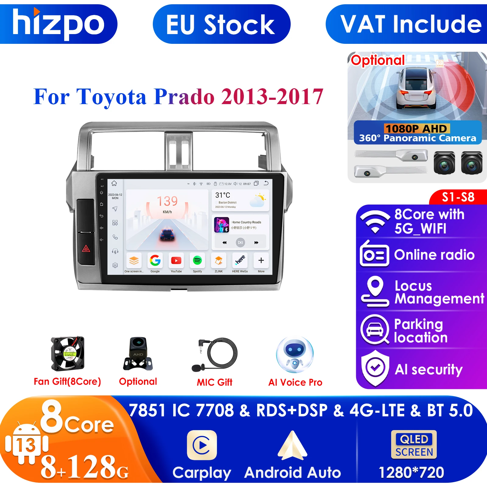 Hizpo 10.1 Inch 7862 Car Intelligent Screen Android Car Radio for Toyota Land Cruiser Prado 150 2013 - 2017 GPS Carplay 4G WIFI