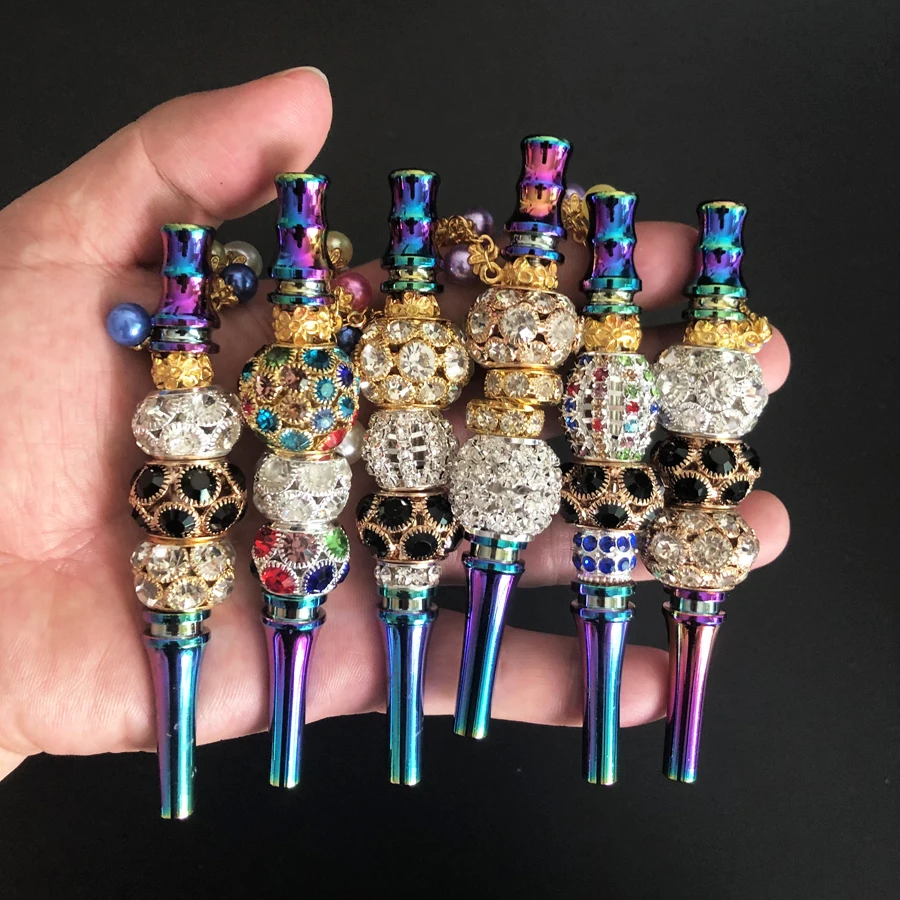 Luxury Bling Zinc Alloy Rainbow Rod Blunt Holder Handmade Metal Hookah Mouthpiece Mouth Tip with Rhinestones Jewelry