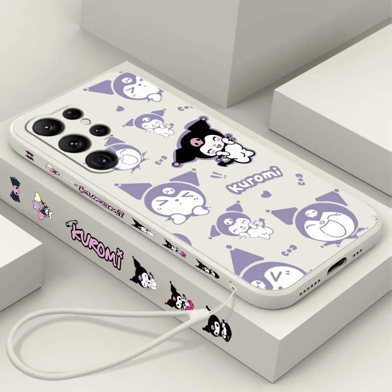 Cute Cartoon Kuromi Sanrio For Samsung Galaxy S26 S25 S24 S23 S22 S21 S20 Pro Edge Ultra Plus FE Liquid Left Rope Phone Case