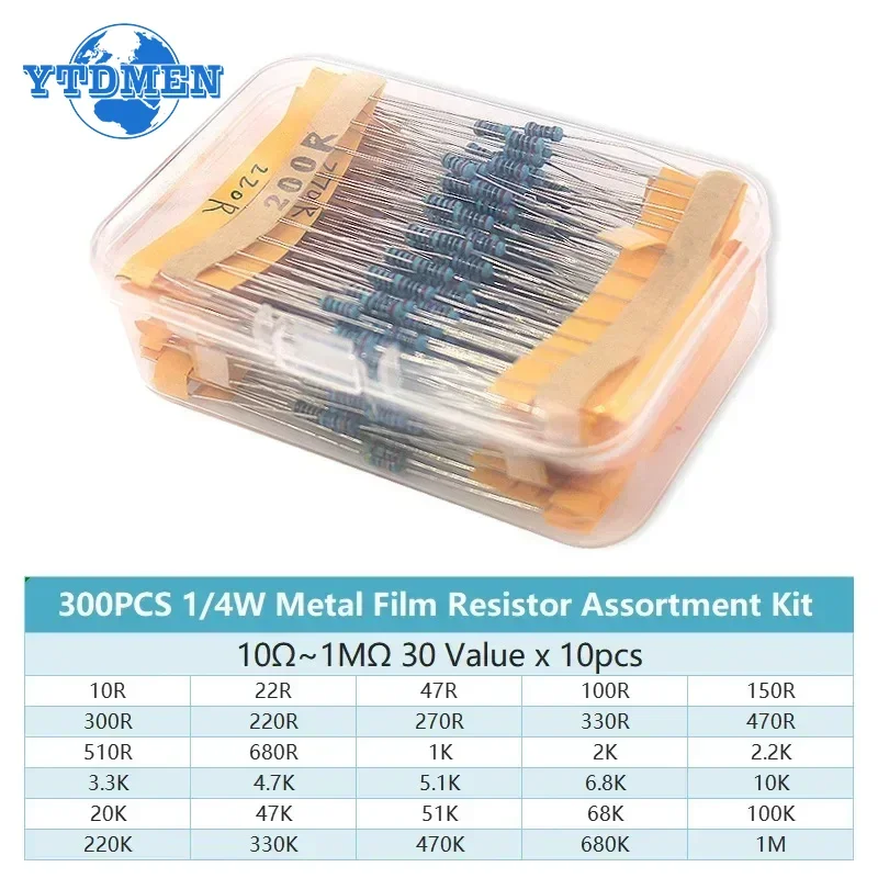 300/600pcs 1/4w Metal Film Resistor 30 Values Resistance Kit 10R-1M 0.25W 1% Resistors Set with Box