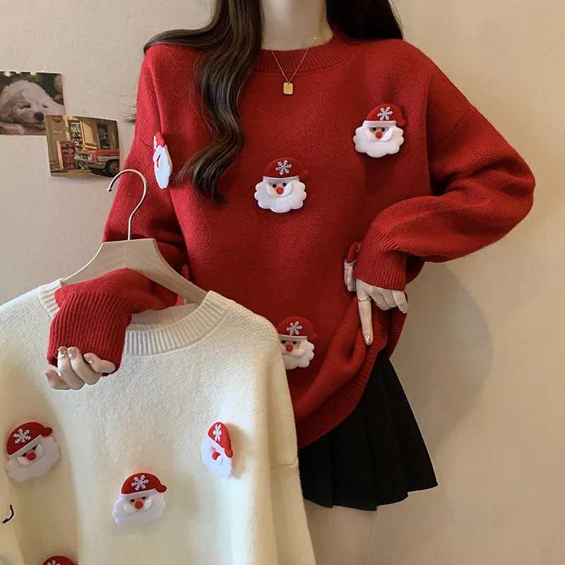 Women's Christmas Sweater Winter Red Slim-fit Jumper Santa Decorated Crew-neck Long-sleeved Warm Knit Stylish Casual Top