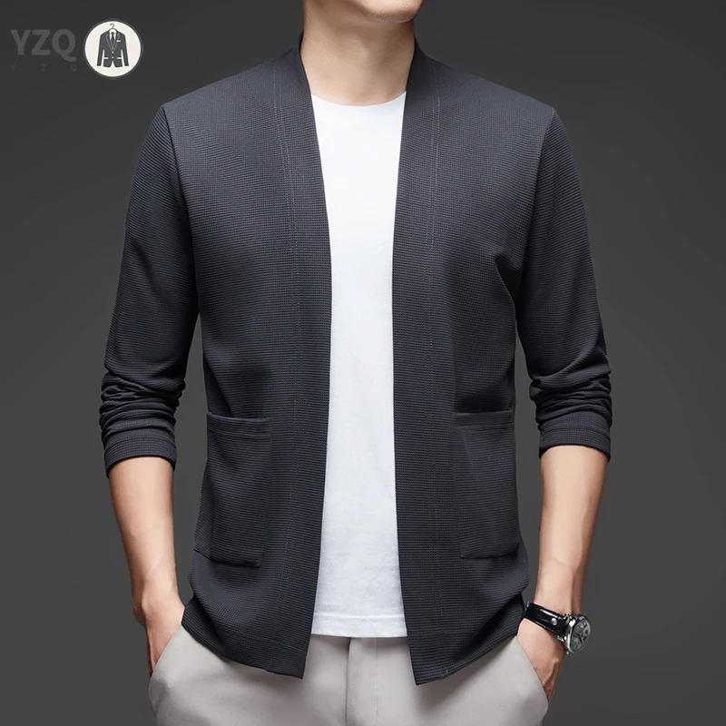 New Men's Business Casual Long Sleeved Solid Color Cloak Jacket Knitted Comfortable and Fashionable All Season Versatile Top