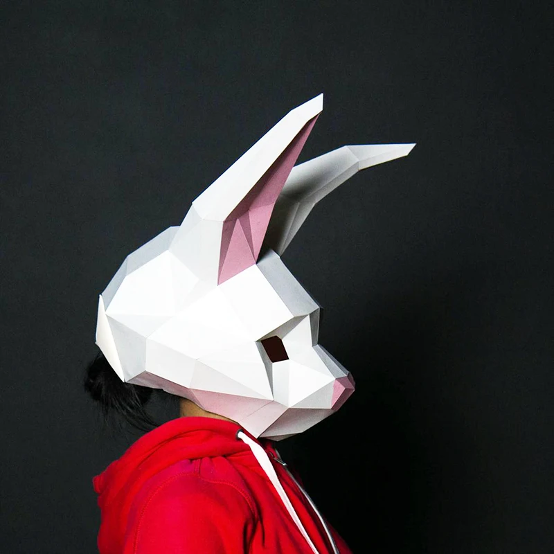 3D Paper Moldel Rabbit Head Mask Headgear Animal Model Halloween Cosplay Props Photographic Props Dress Up DIY Papercraft Toys