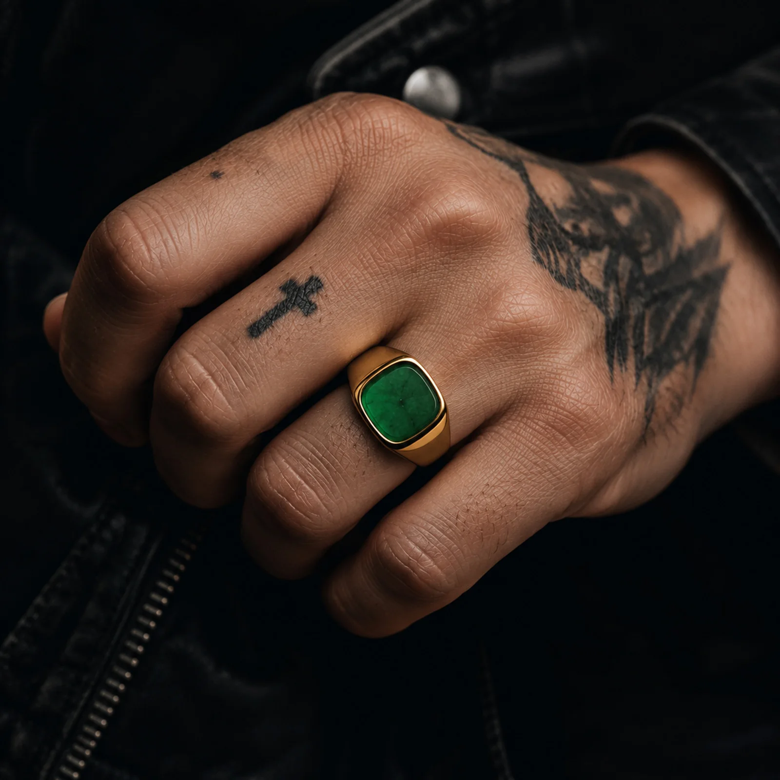 Punk Grüner Naturstein Quadratischer Ring für Männer, Vergoldeter Edelstahl Siegelring, Geburtstagsgeschenk für Ihn Papa – Detail 5