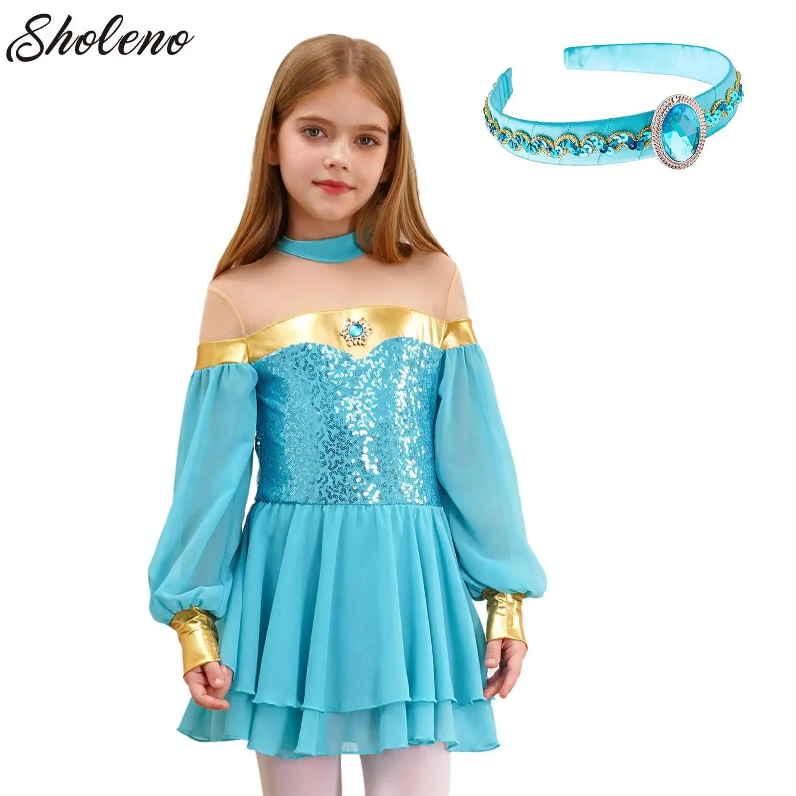 

Girls Arabian Princess Role Play Dress Gems Adorned Sequin Halloween Costumes with Hair Hoop Set Belly Dance Jumpsuit