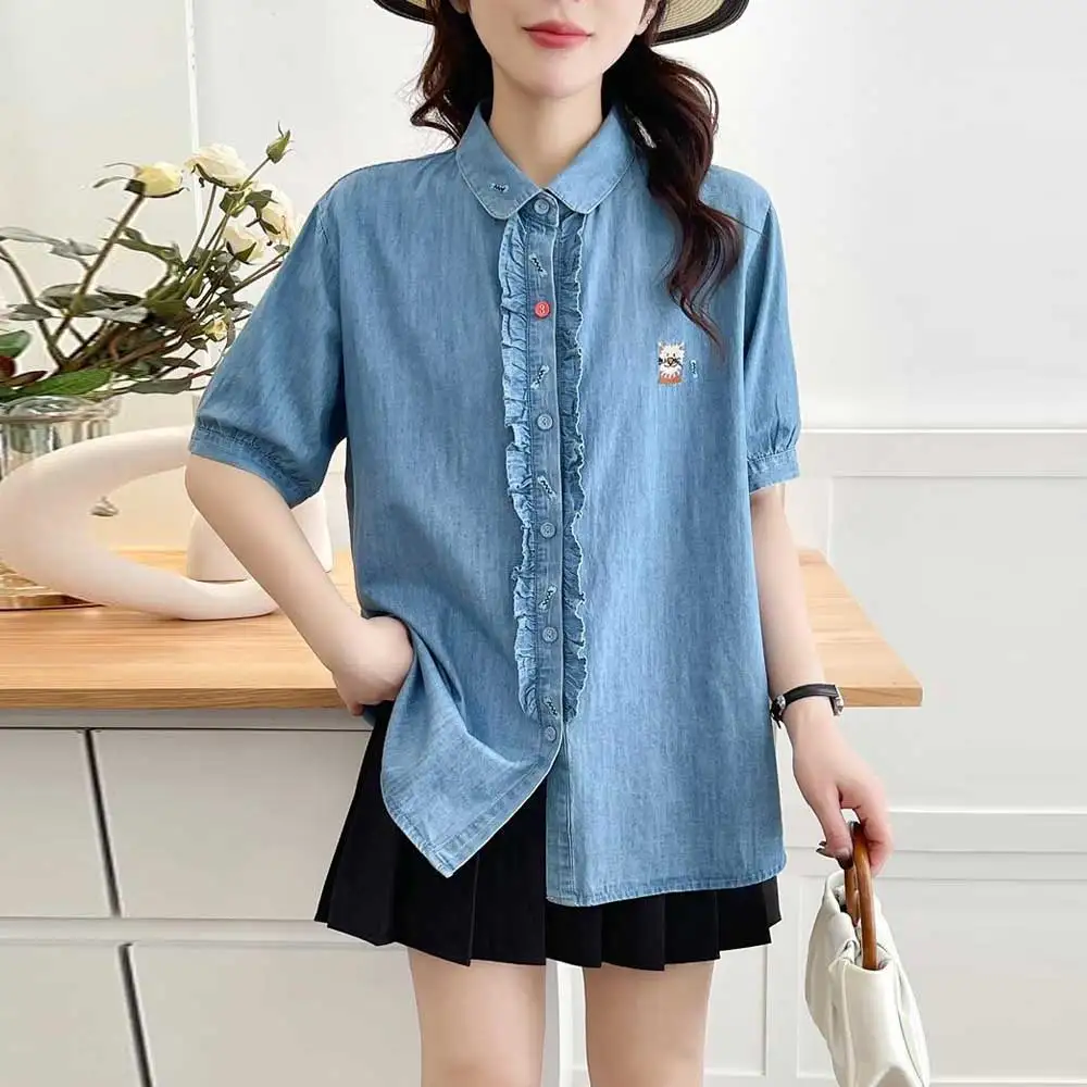 

Japanese Vintage Mori Girl Cartoon Cat Embroidery Denim Cotton Shirts Women Summer New Turn Down Collar Short Sleeve Blouse Tops