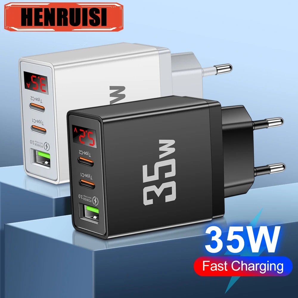 

35W 3 Ports USB Fast Phone Charger EU/UK/US Plug For iPhone Xiaomi Huawei Type C PD Charger LED Display Phone Charger Adapter