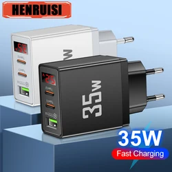 35W 3 Ports USB Fast Phone Charger EU/UK/US Plug For iPhone Xiaomi Huawei Type C PD Charger LED Display Phone Charger Adapter