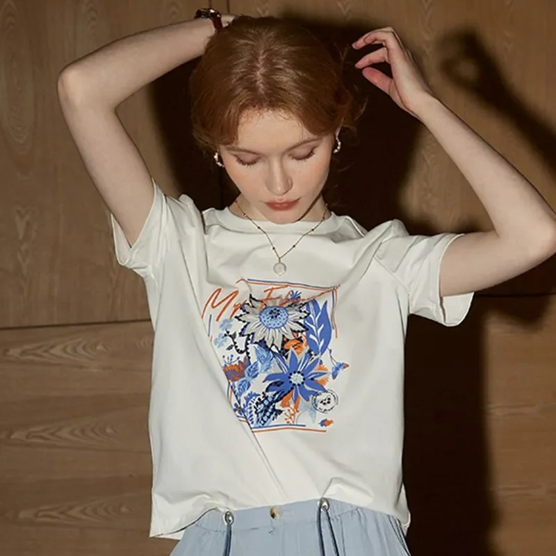 Summer Women's Floral Graphic Print T-shirt Short Sleeve Crew Neck Casual Vintage Botanical Tee