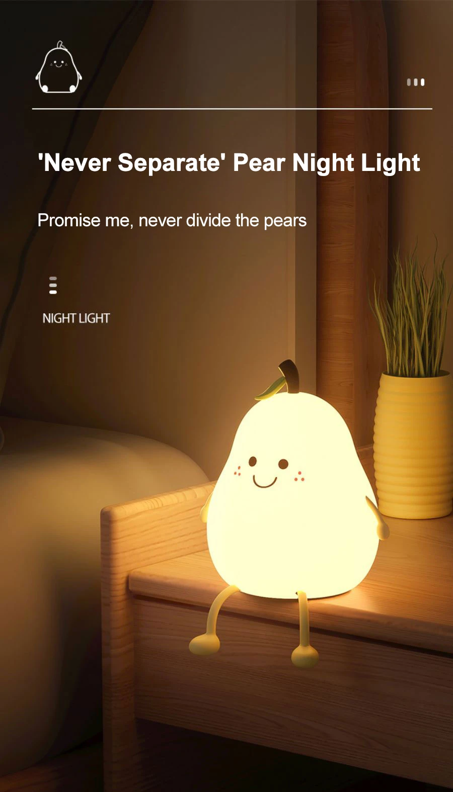 LED Pear Fruit Silicone Night Light 7 Colors Dimming Touch USB Rechargeable Cartoon Bedside Lamp Bedroom Decor Cute Kid Gift