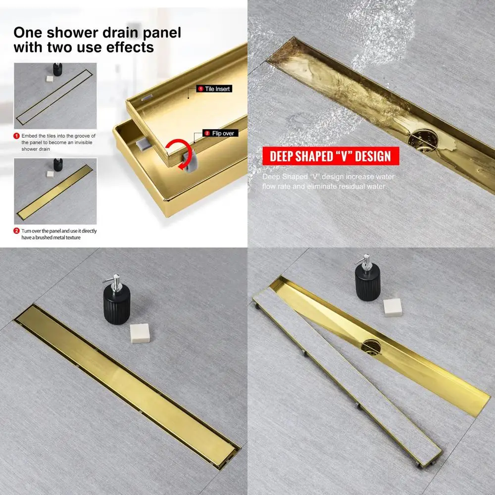 

Душевой трап Gold 32 2-в-1 с линейным вливом для плитки, с сеткой для волос и регулируемыми ножками, из нержавеющей стали AISI 304