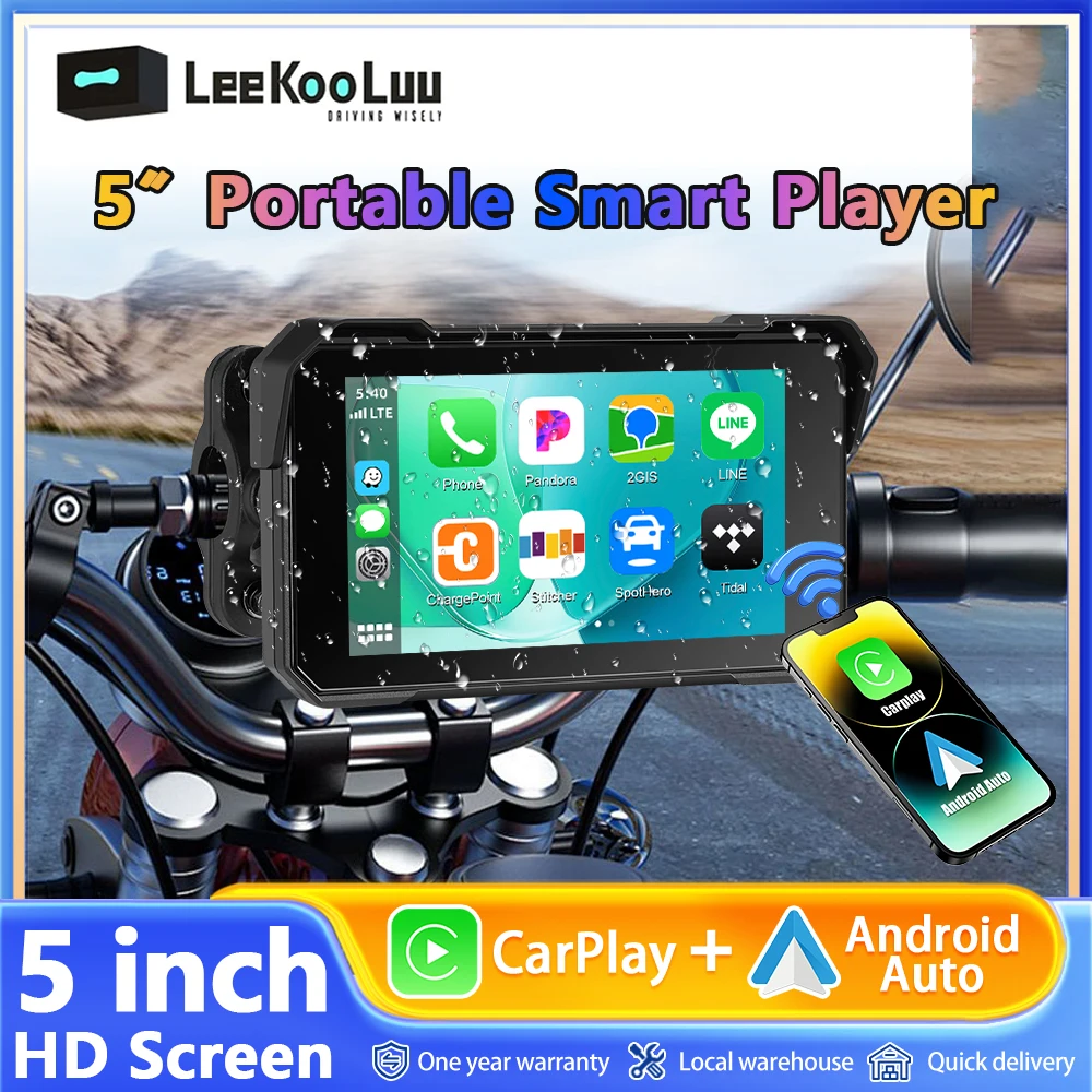 Leekooluu schermo da 5 pollici Wireless Carplay Smart Player portatile supporta Android Auto IP68 impermeabile per moto