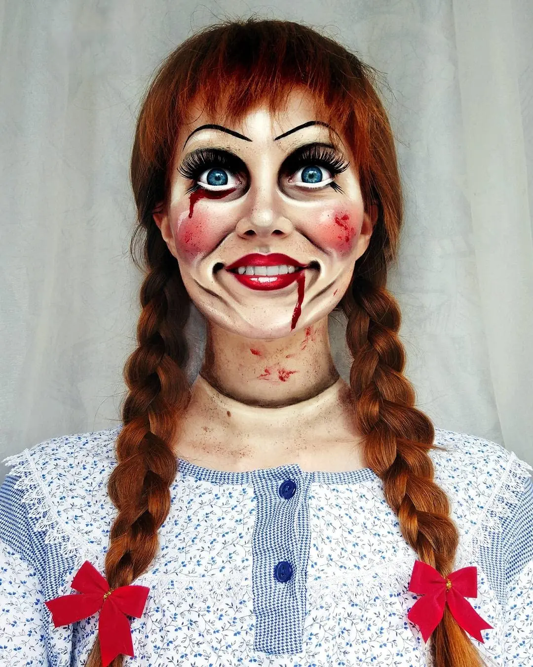 Annabelle Costume Braid Wigs for Women,Brown Wig with RED Bows,Halloween Makeup Party Aldult Ponytail Wig