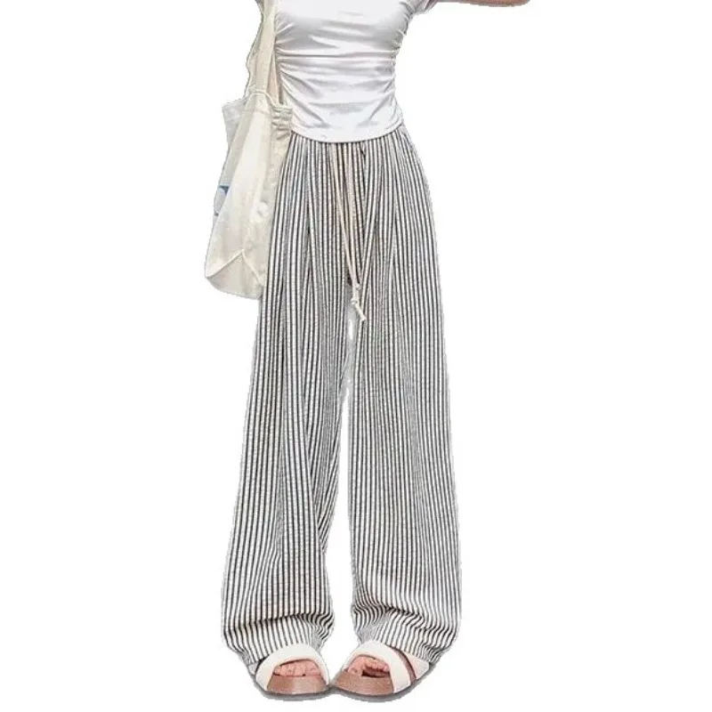 الكورية كسول Sle مخطط ثنى السراويل النسائية الصيف مرونة عالية الخصر رقيقة مستقيم السراويل الطويلة تخفيف Faion #5