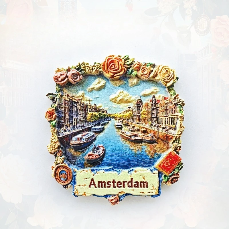 Imã de Geladeira do Canal de Amsterdã - Lembrança 3D com Barco e Renda, Presente Único da Herança Holandesa para Viagens e Decoração Europeia