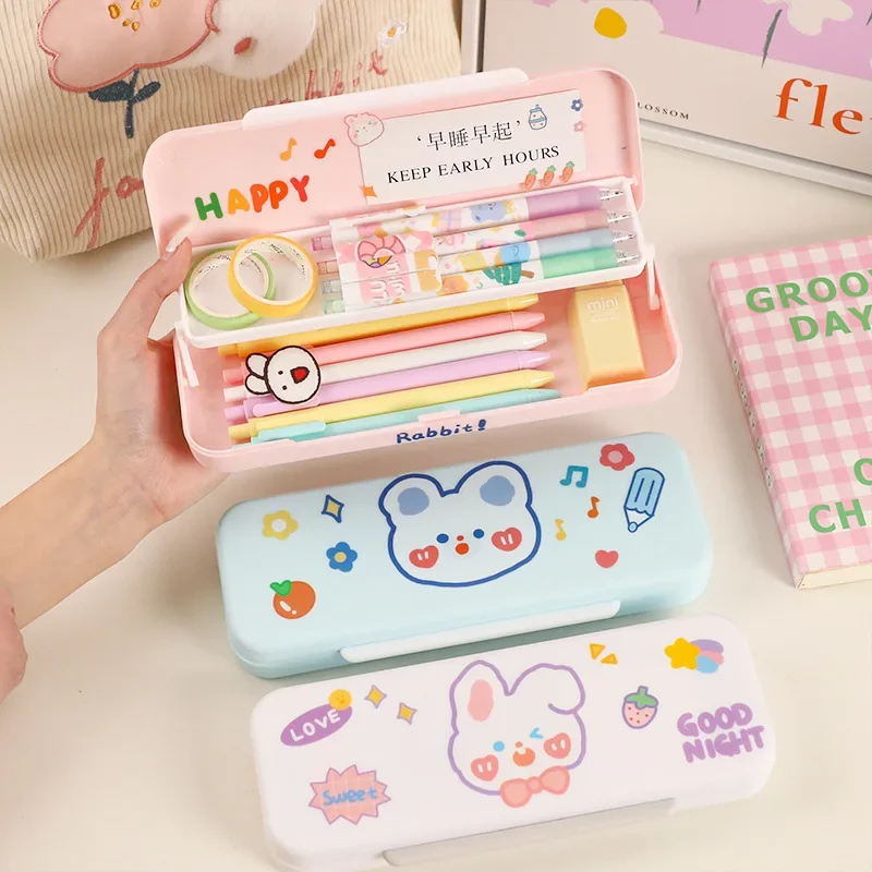 1 Piece Korean Cute Cartoon Pencil Case Macaron Cream Color Double Layer Stationery Pencil Case for Student School Supplies