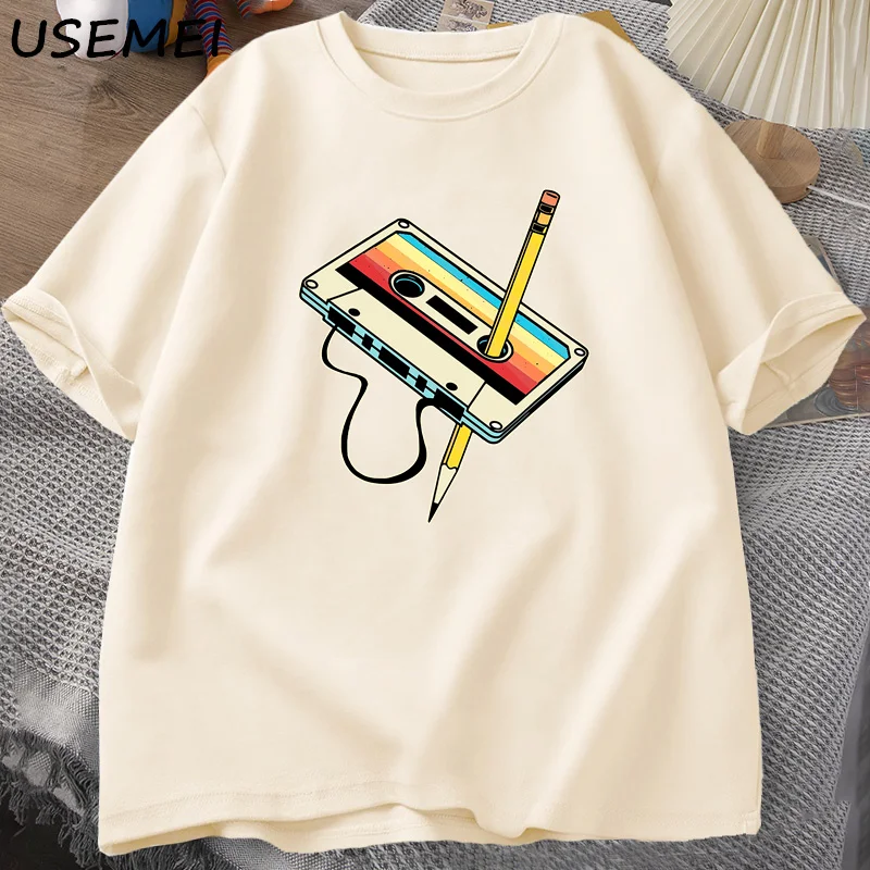 80s Cassette Tape Pencil T Shirts Men Women Retro Vintage Throwback Music Short Sleeve Graphic T Shirts Cotton Casual 90s Tees