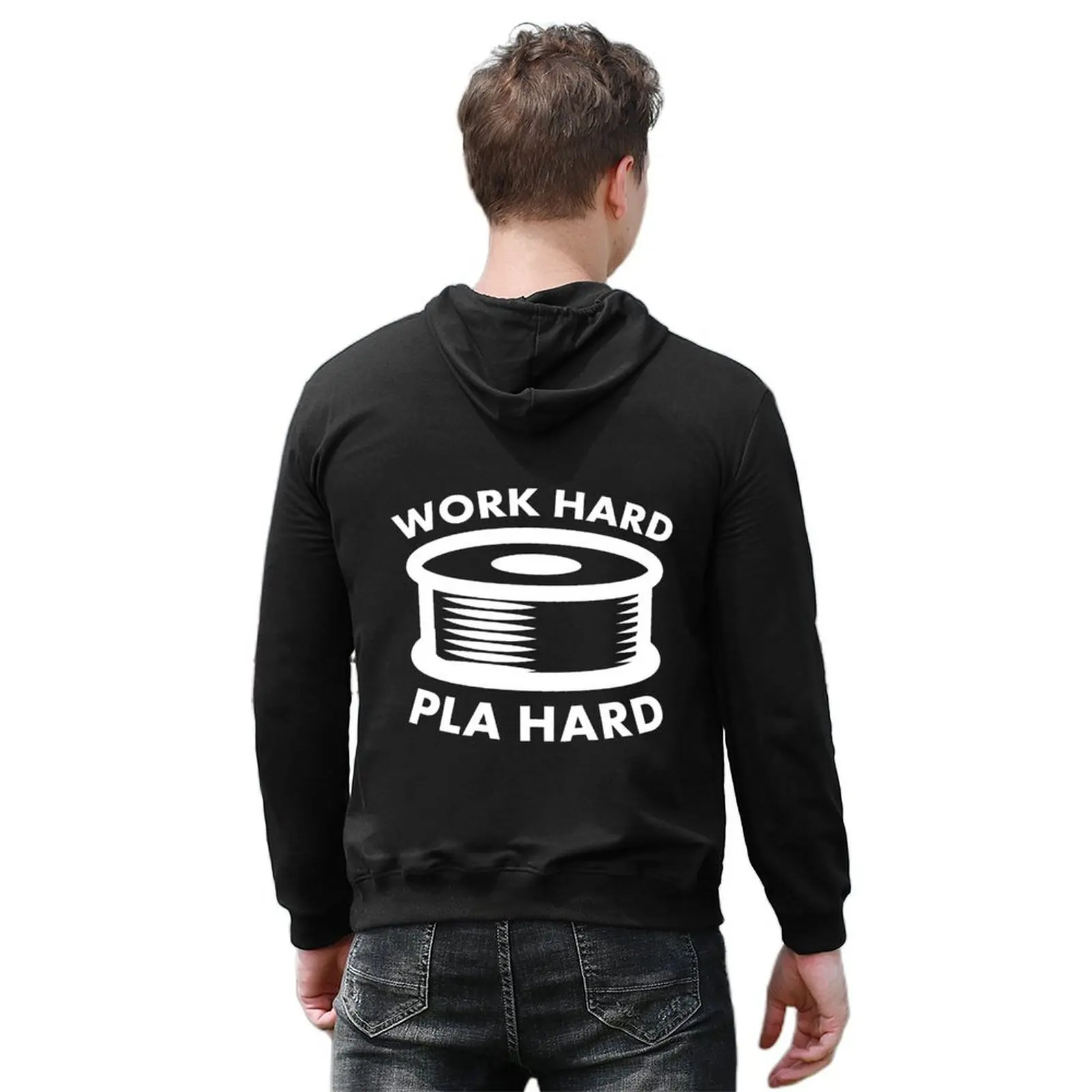 Work Hard PLA Hard - تصميم مضحك بطباعة ثلاثية الأبعاد، ملابس شتوية بقلنسوة للرجال، ملابس رجالية بقلنسوة برسومات جرافيكية