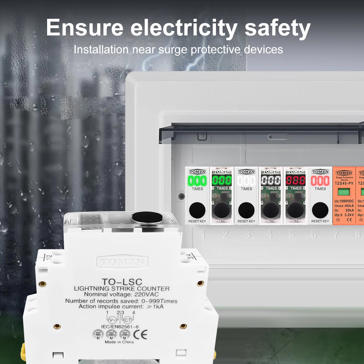 TOMZN Din Rail LED display SPD surge protective device lightning strike counter 220V 50/60Hz 0-999 times TO-LSC TOMZN