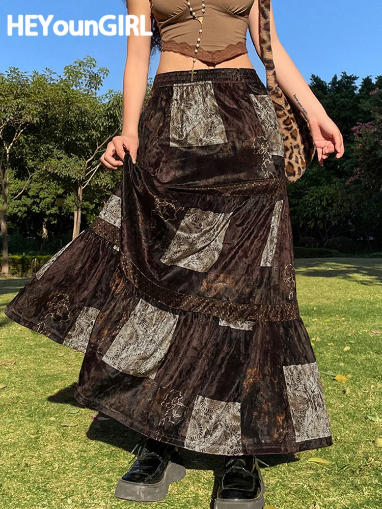 HEYounGIRL Vintage Women Long Skirt Grunge Velvet Retro Plaid Print Casual Skirt Female Hight Waist Harajuku Aesthetic Clothing