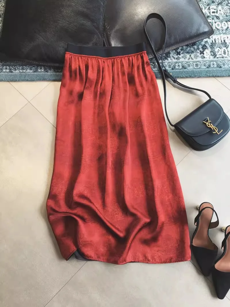 Retro Red A-Line  Skirt Women's Spring Summer Elastic Waist Midi Length Slit Versatile Straight Cut Skirt Elegant Casual