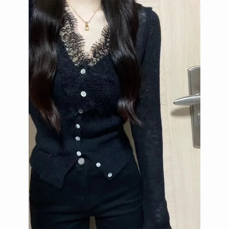 

Sexy White V-neck Lace Knitted Tops Women 2025 Spring Autumn New Bottoming Cardigan Y2k Slim Fit Long Sleeve Sweaters Mujer