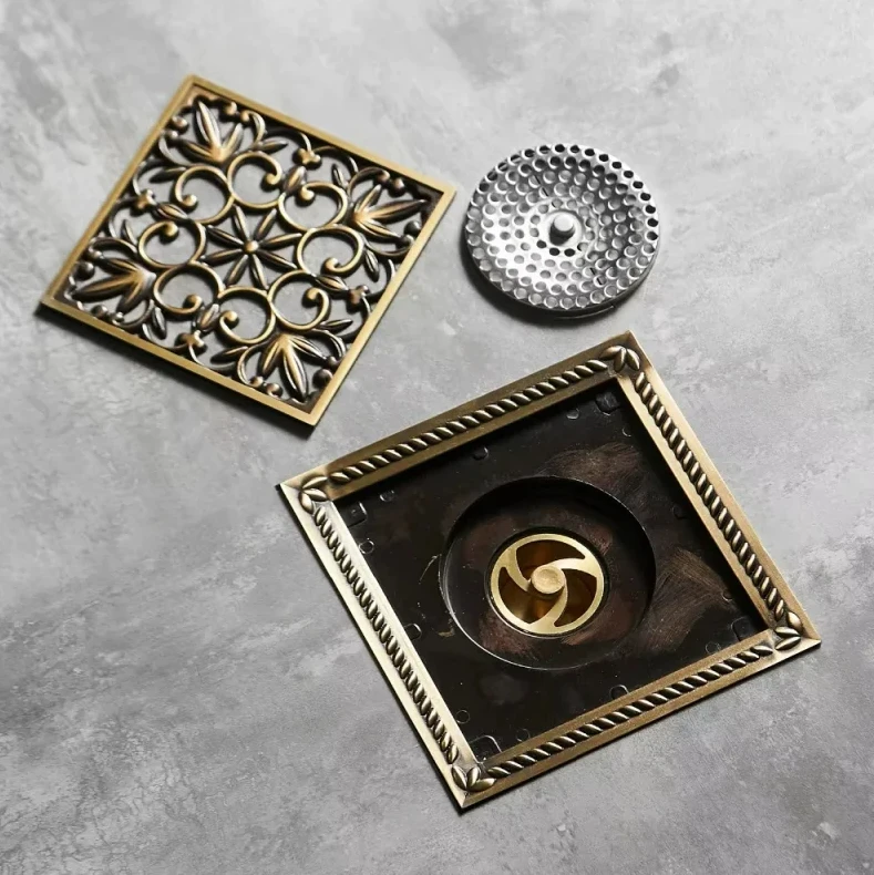 

15X15 CM Floor Drains Antique Bronze Brass Shower Floor Drain Bathroom Deodorant Square Floor Drain Strainer Cover Grate Waste
