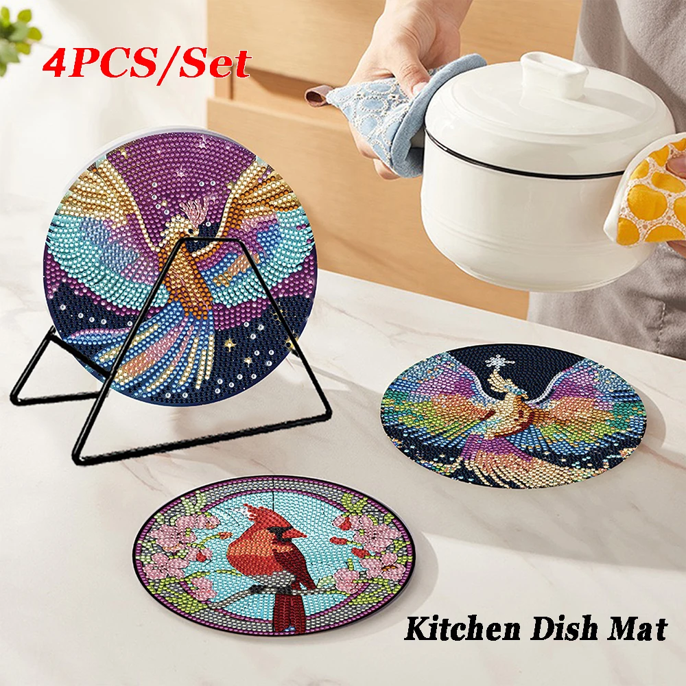 4PCS Kitchen Dish Mat Graceful Butterfly Wooden Eco-Friendly Placemat Phoenix Hummingbird Diamond Painted Placemat Tableware Mat