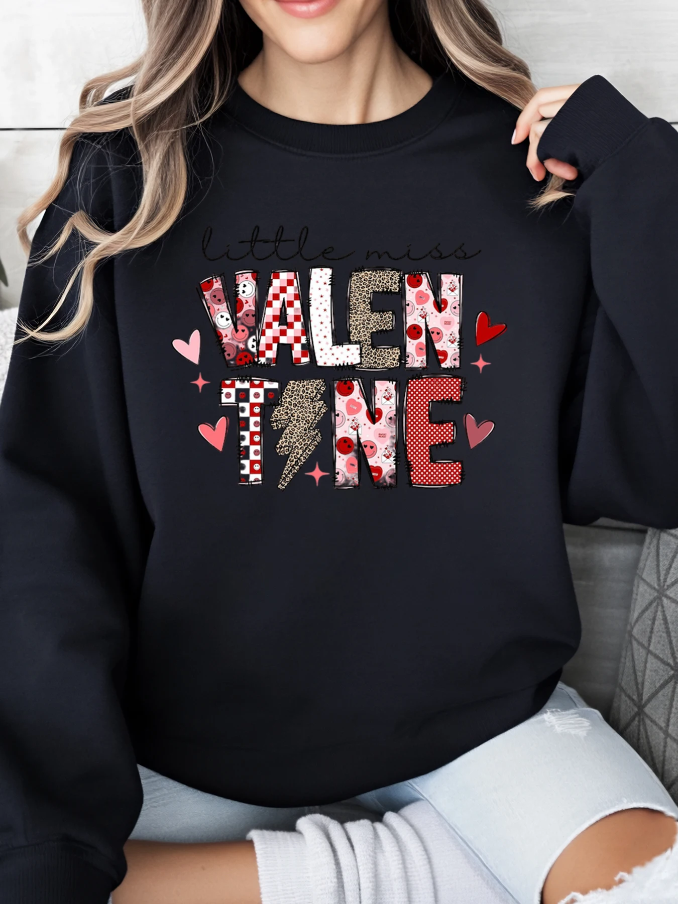 

Женский свитшот с узором на день Святого Валентина Little Miss Valentine, повседневная одежда на День святого Валентина, черный, больших размеров