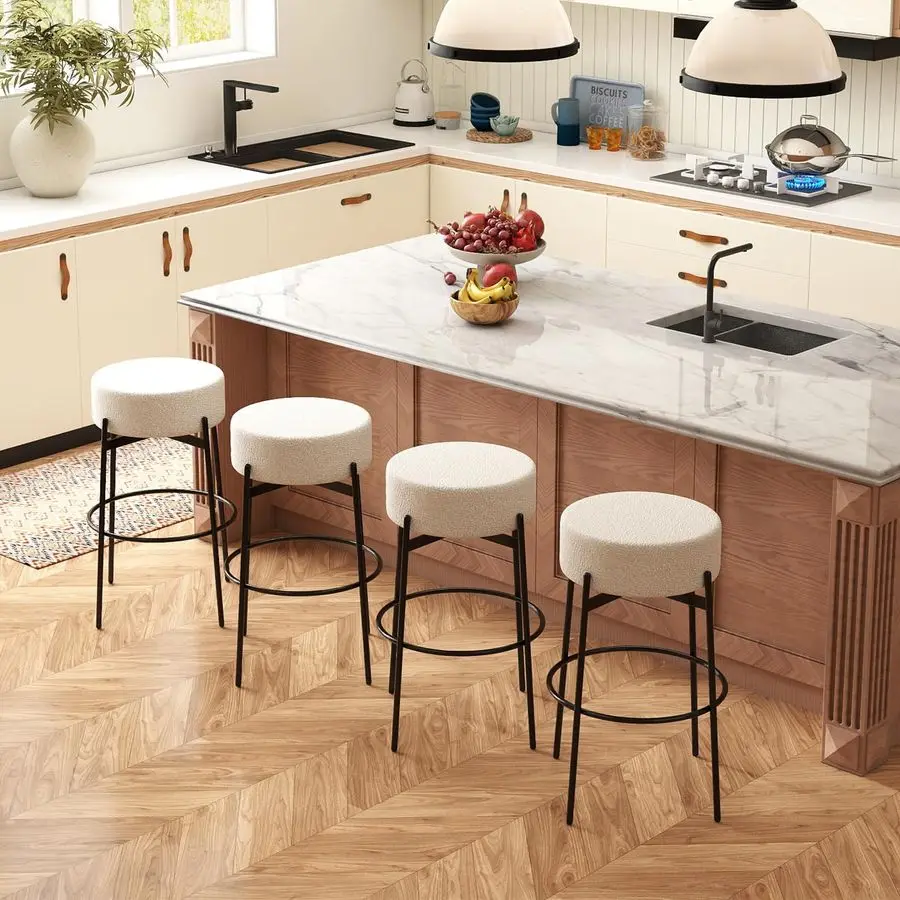 

Modern Rotatable Bar Stools Set of 4, 30 Sherpa Swivel Counter Height Stools with Round Soft Padded Boucle Backless Seat, White