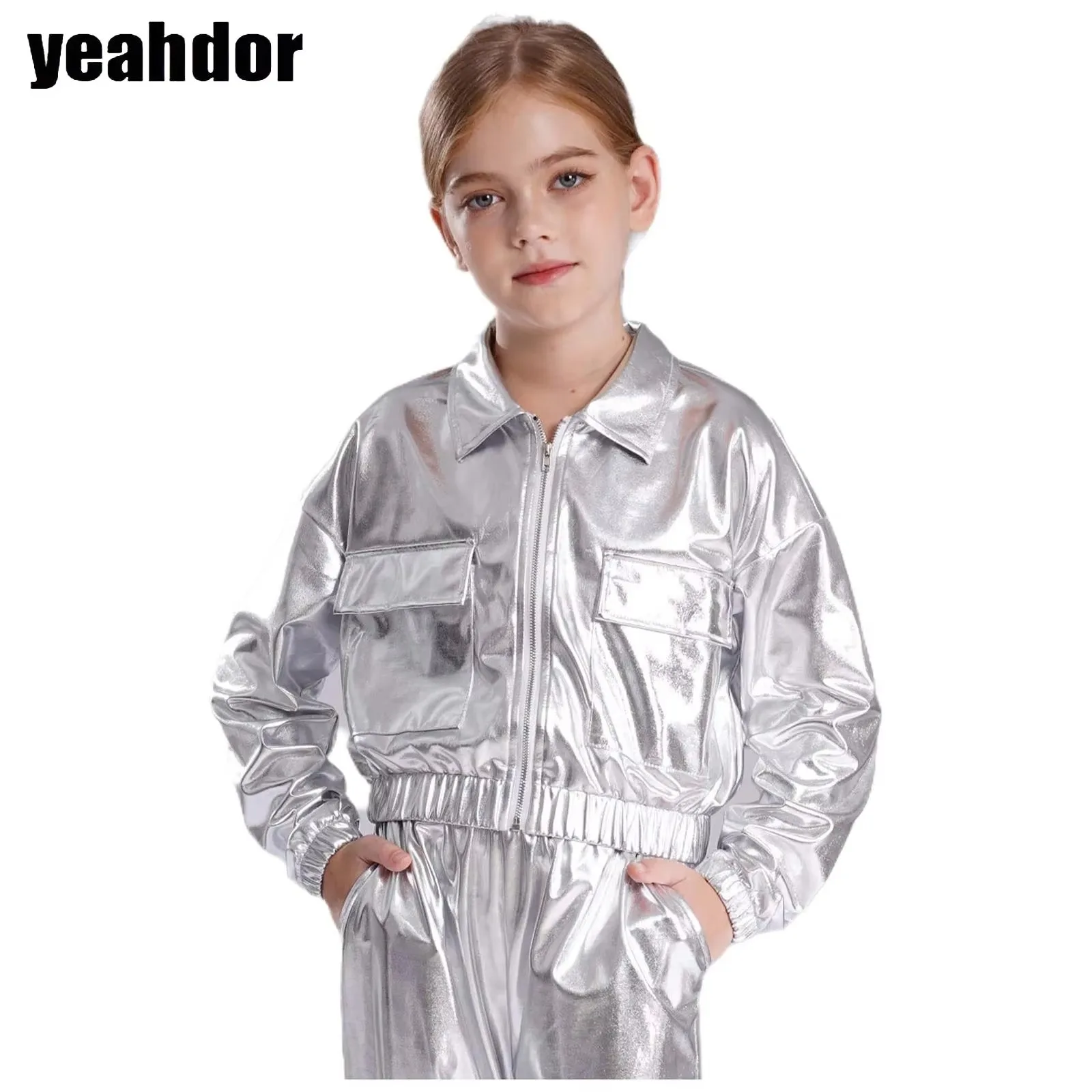 

Teen Boys Girls Metallic Shiny Jacket Long Sleeve Zipper Outwear And Flap Pocket for Hip-Hop Jazz Dance Jacket Disco Streetwear