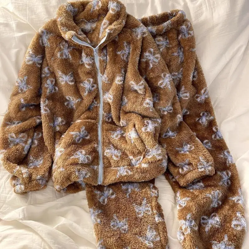 

Женский пижамный костюм, весенне-осенняя домашняя одежда из кораллового флиса с принтом, новая утепленная ночная рубашка с бантом для девочек, теплая фланелевая одежда для сна